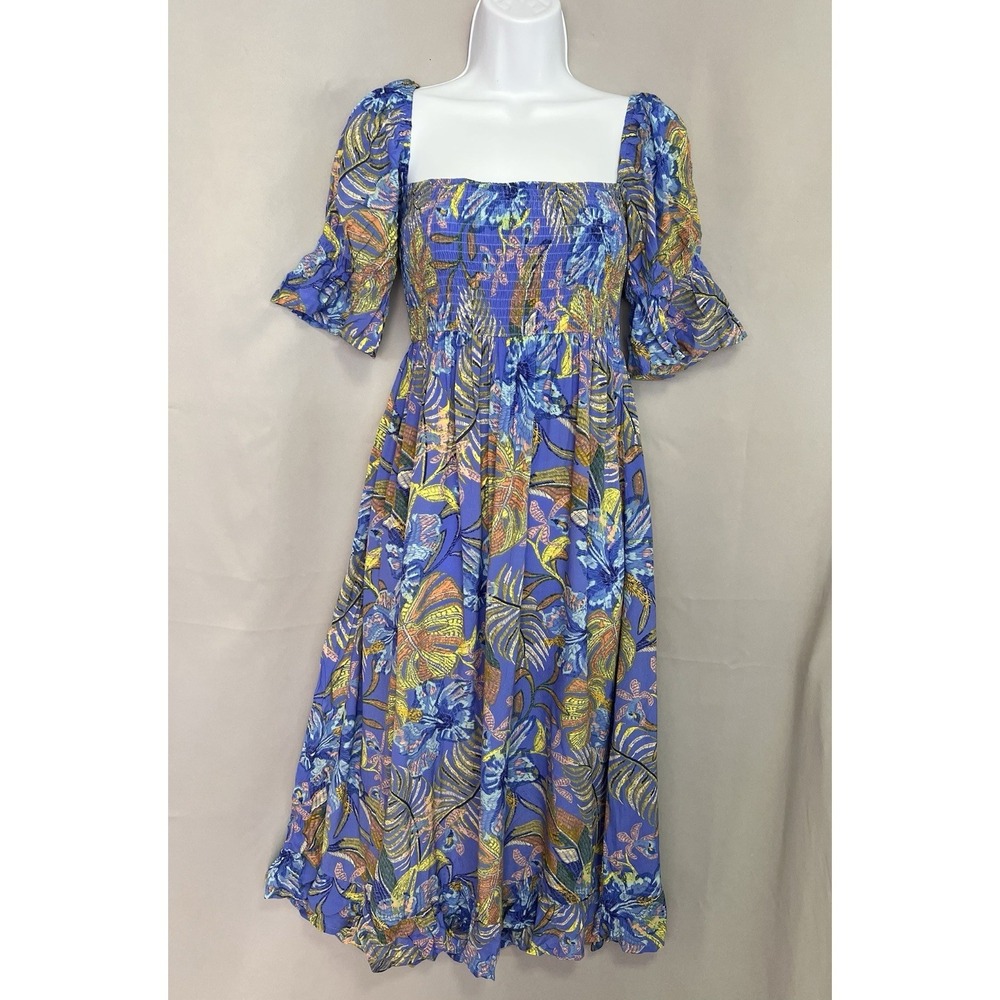 Olivaceous Women's Kloe Floral Midi Dress in blue floral print Sz Small New